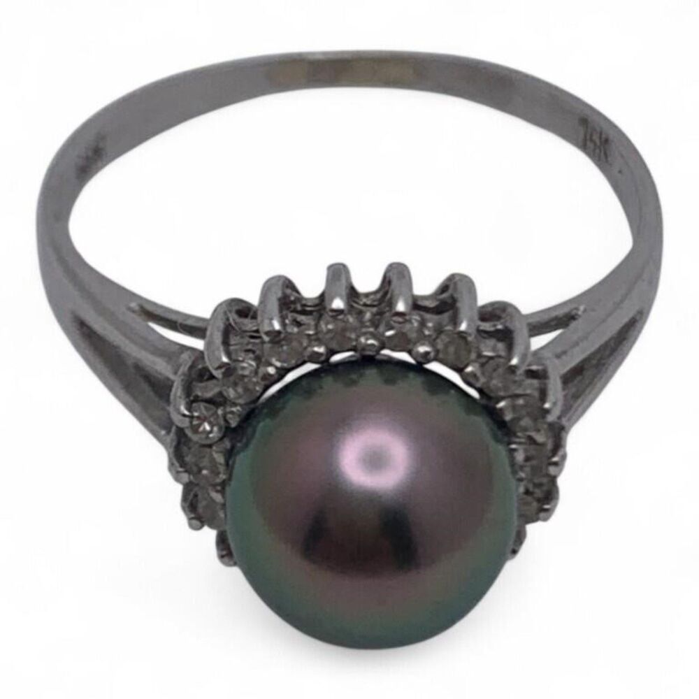14k White Gold Tahitian South Sea Pearl & Diamond Halo Ring Size 6.5 Fine Jewelr